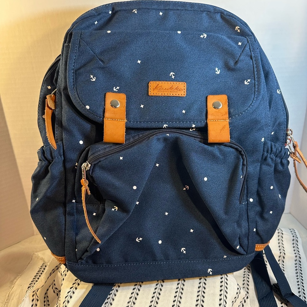 Navy Blue with Anchor Print Kaukko brand laptop backpack leather details